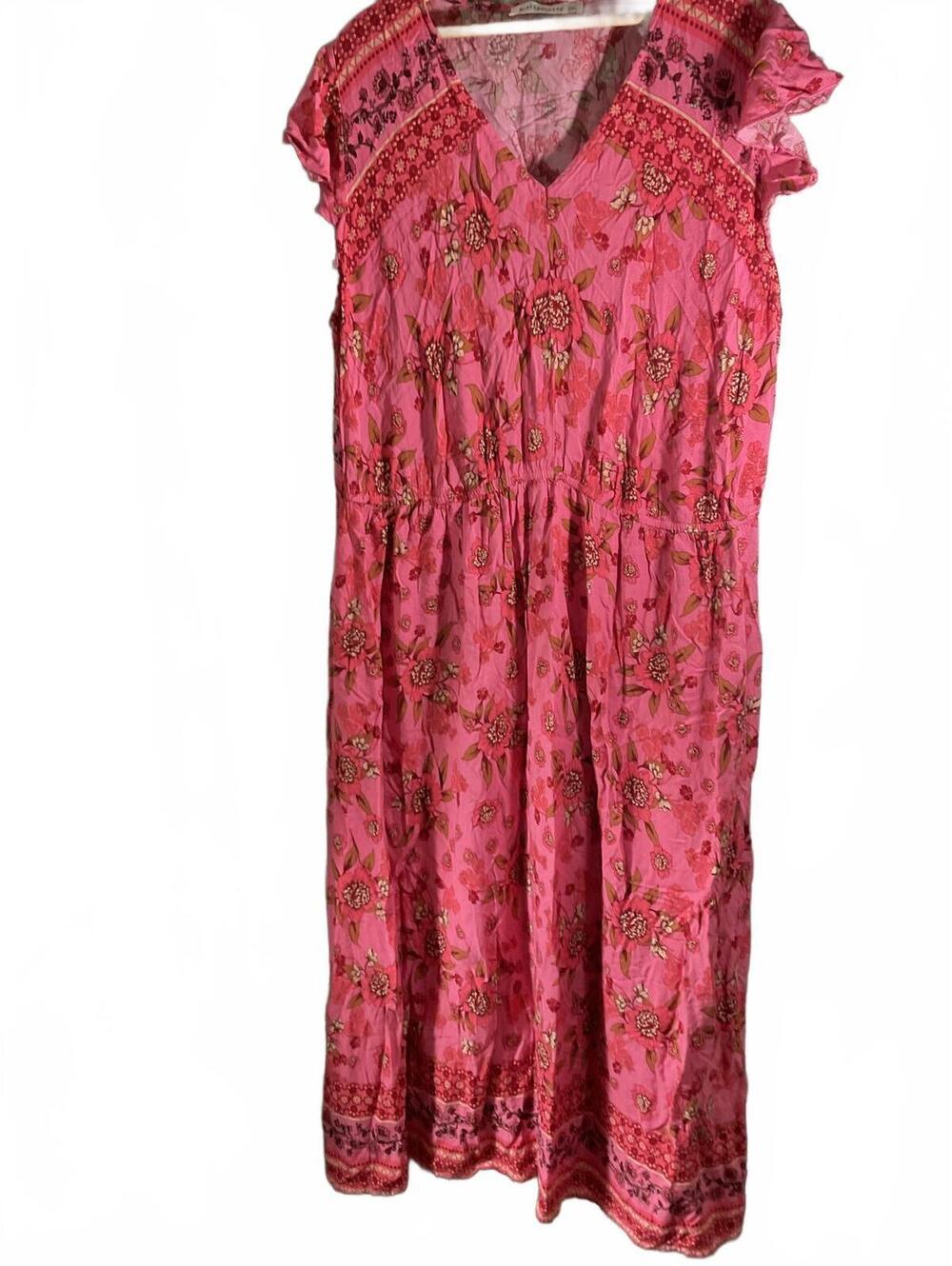 Rusttydustty Bohemian Pink Floral Maxi Dress with Ruffle Sleeves 2XL